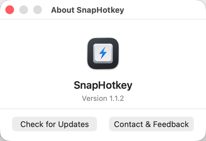 SnapHotkey About window showing the app icon, name, and version