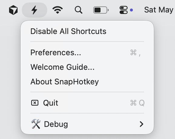 SnapHotkey menu bar dropdown showing Preferences, Welcome Guide, About, and Quit options