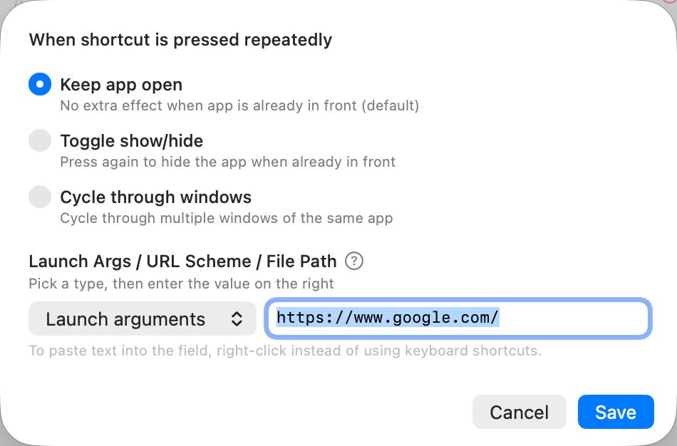 SnapHotkey advanced settings showing a Launch arguments value of google.com URL