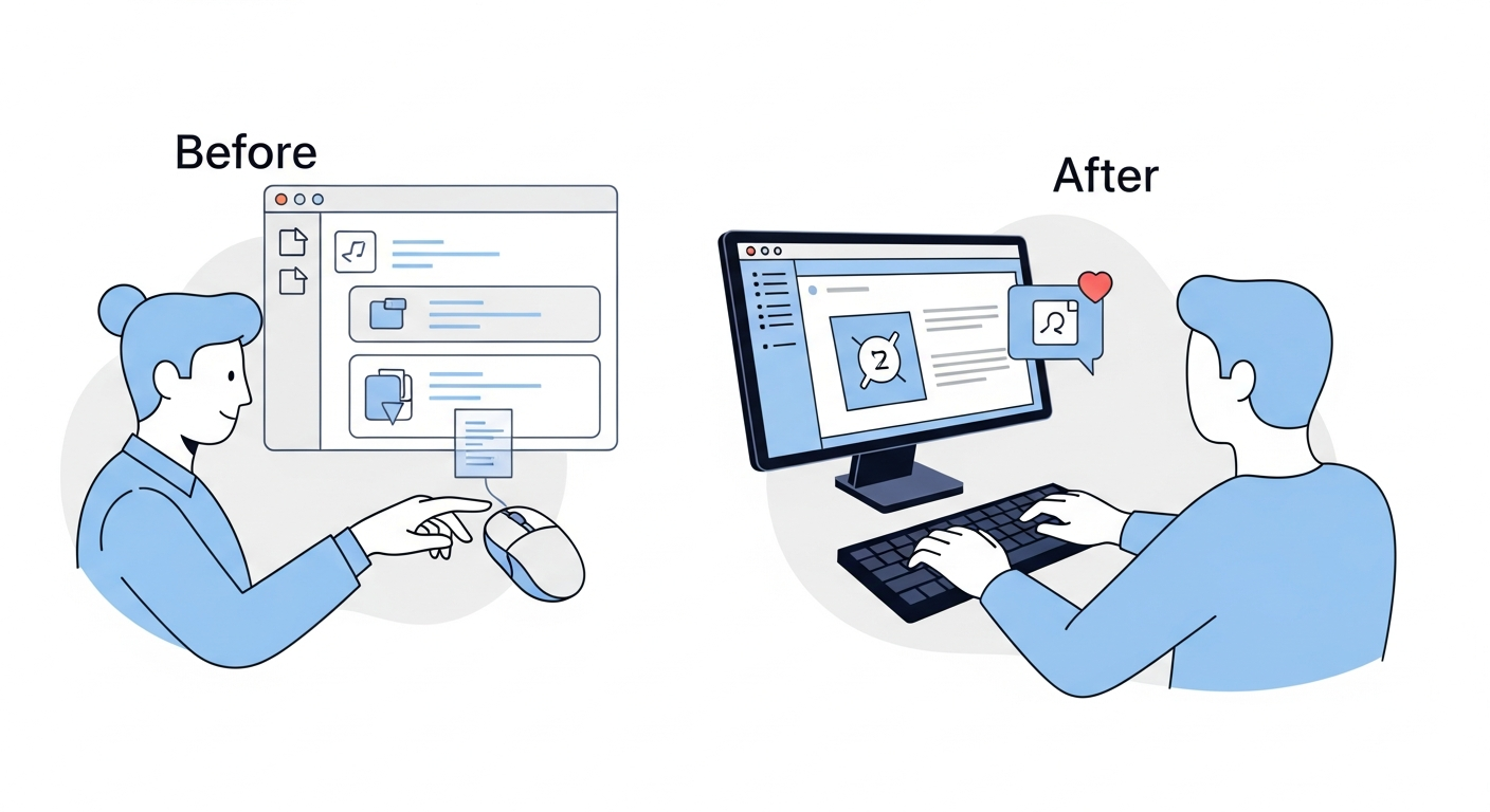 Before and after comparison of Mac developer workflow: cycling vs muscle-memory hotkeys