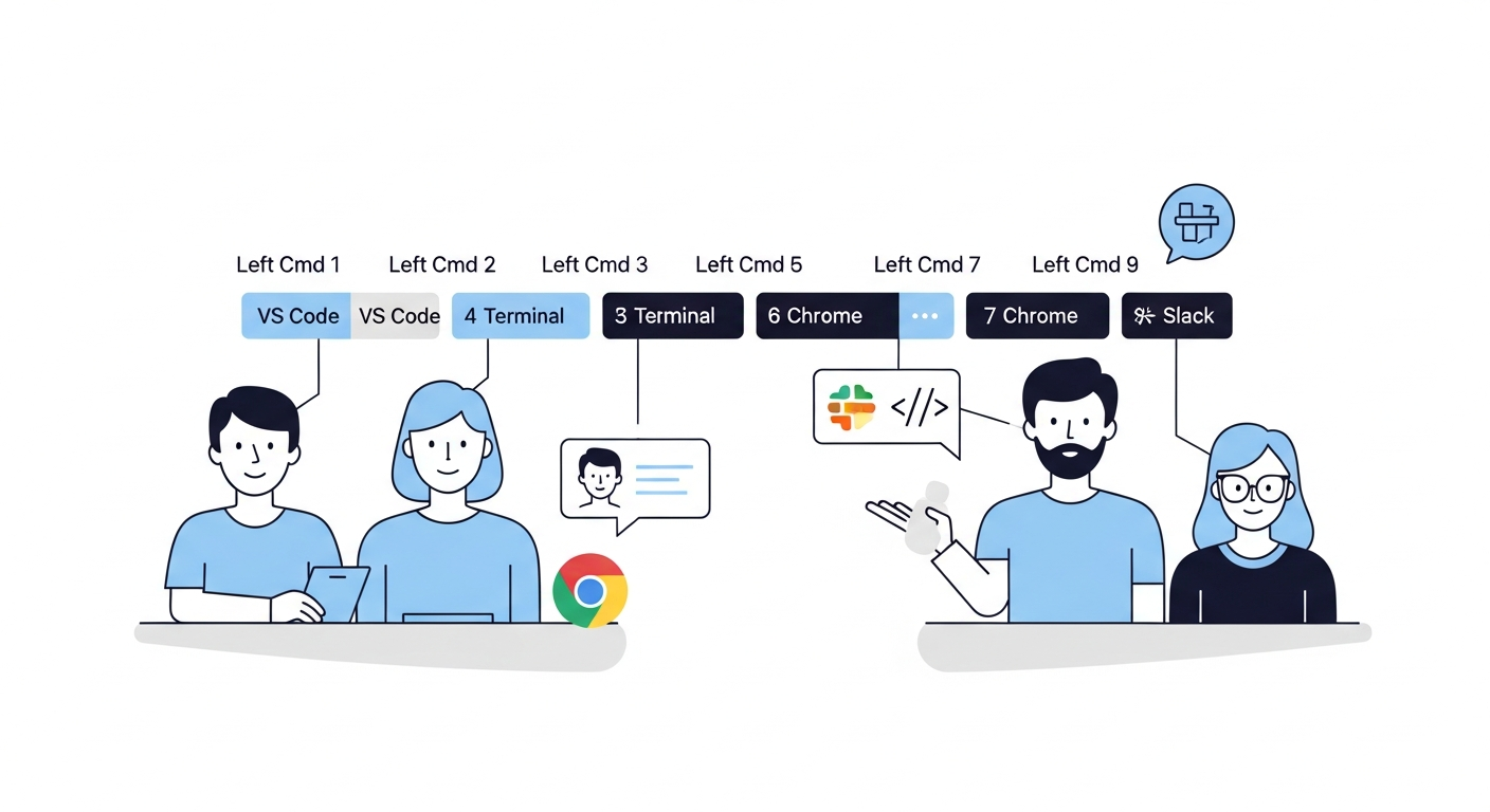 Hotkey-to-app mapping showing Left Cmd + number keys assigned to eight developer tools