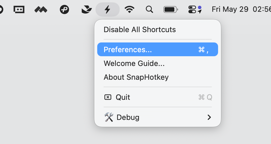 SnapHotkey menu bar dropdown with Preferences highlighted
