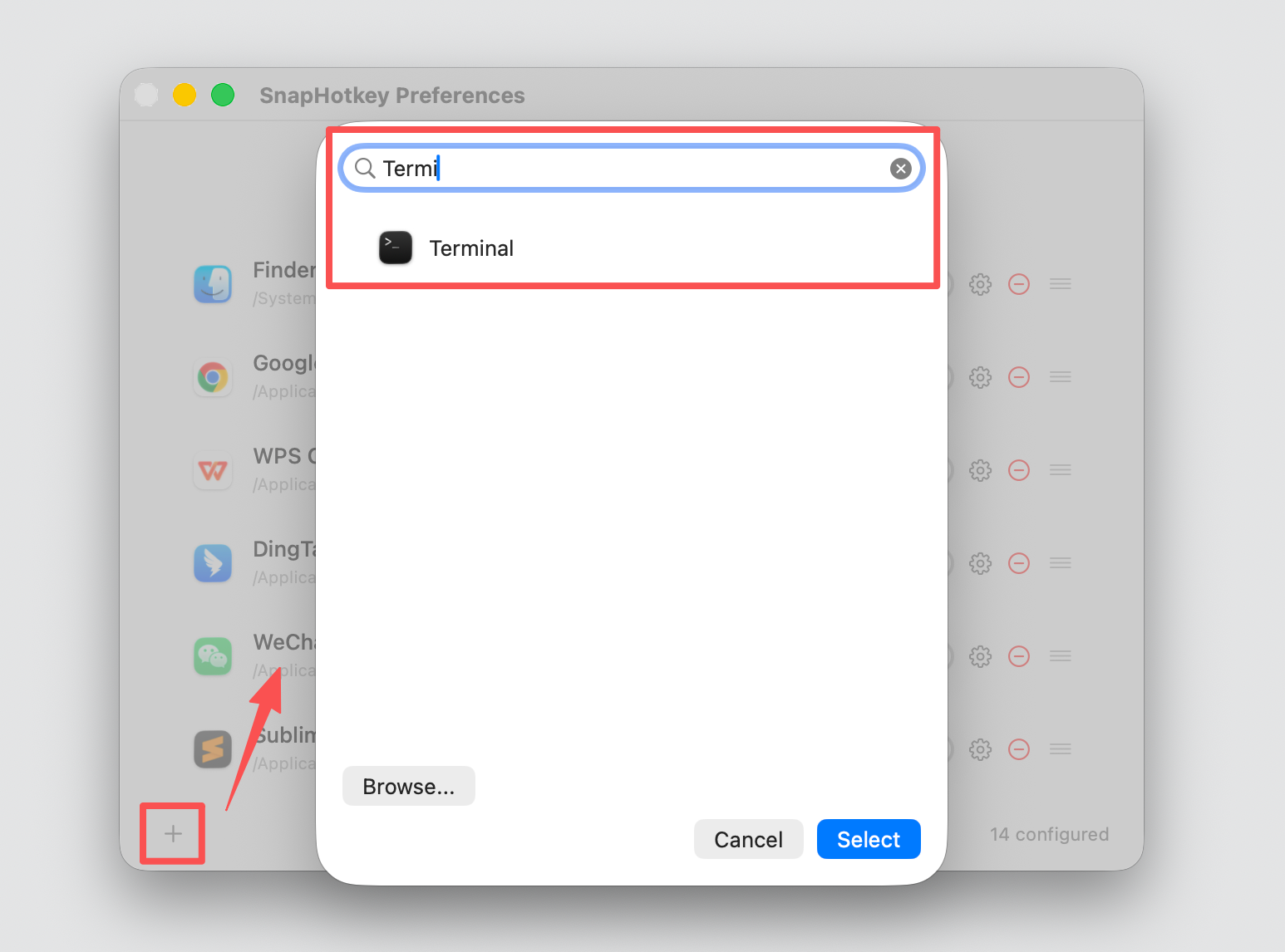 Adding a new rule by searching for Terminal in the app picker