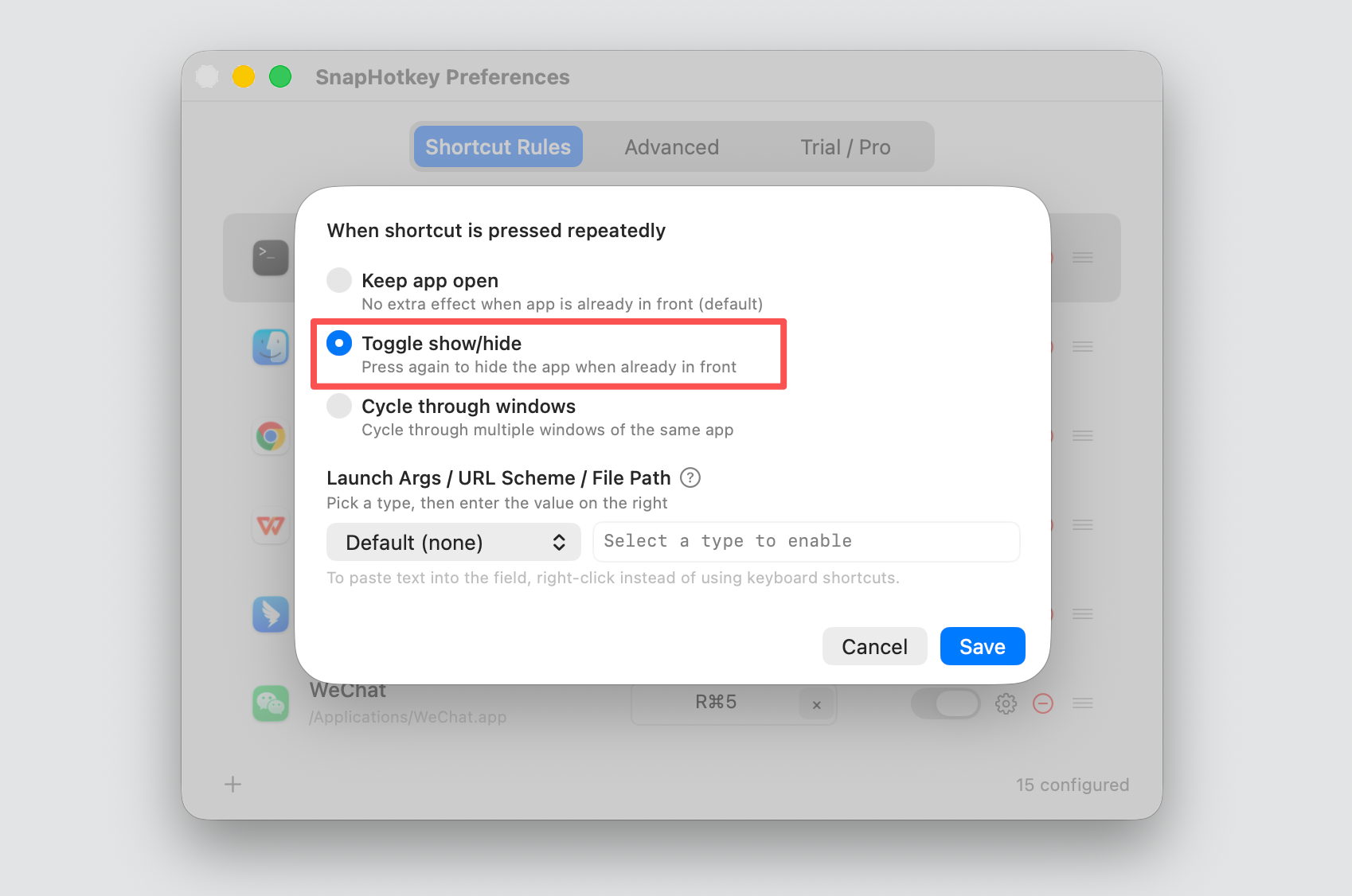 The per-rule gear dialog with Toggle show/hide selected