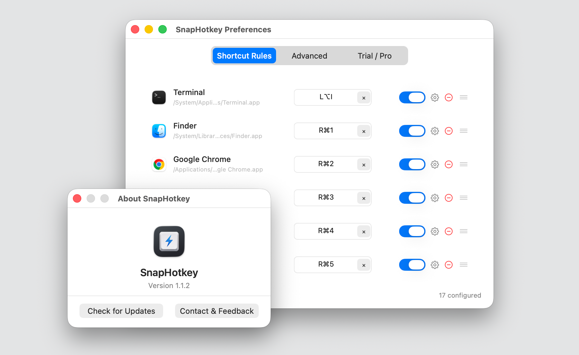 SnapHotkey Preferences with the About window in front — Terminal on Left Option+I, Finder and Chrome on Right Cmd+1 and Right Cmd+2, seventeen rules configured