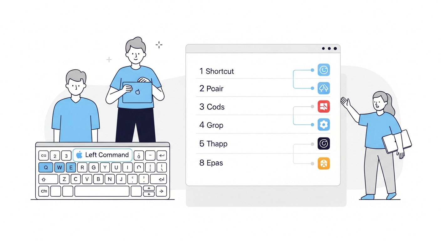 My app switching setup table with Left Cmd shortcuts mapped to eight developer apps