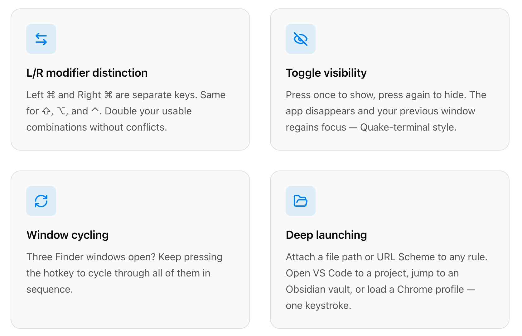SnapHotkey's four differentiating features — L/R modifier distinction, toggle visibility, window cycling, and deep launching