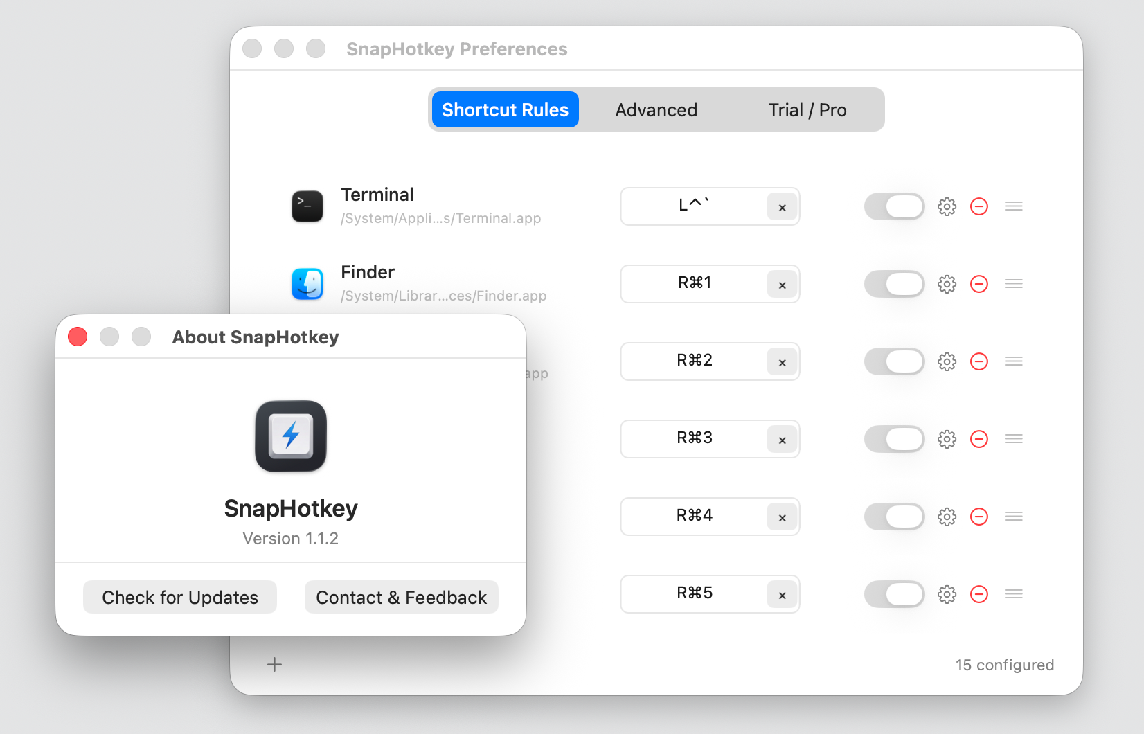 SnapHotkey Preferences showing direct app hotkey rules — the setup that replaces Alt+Tab cycling