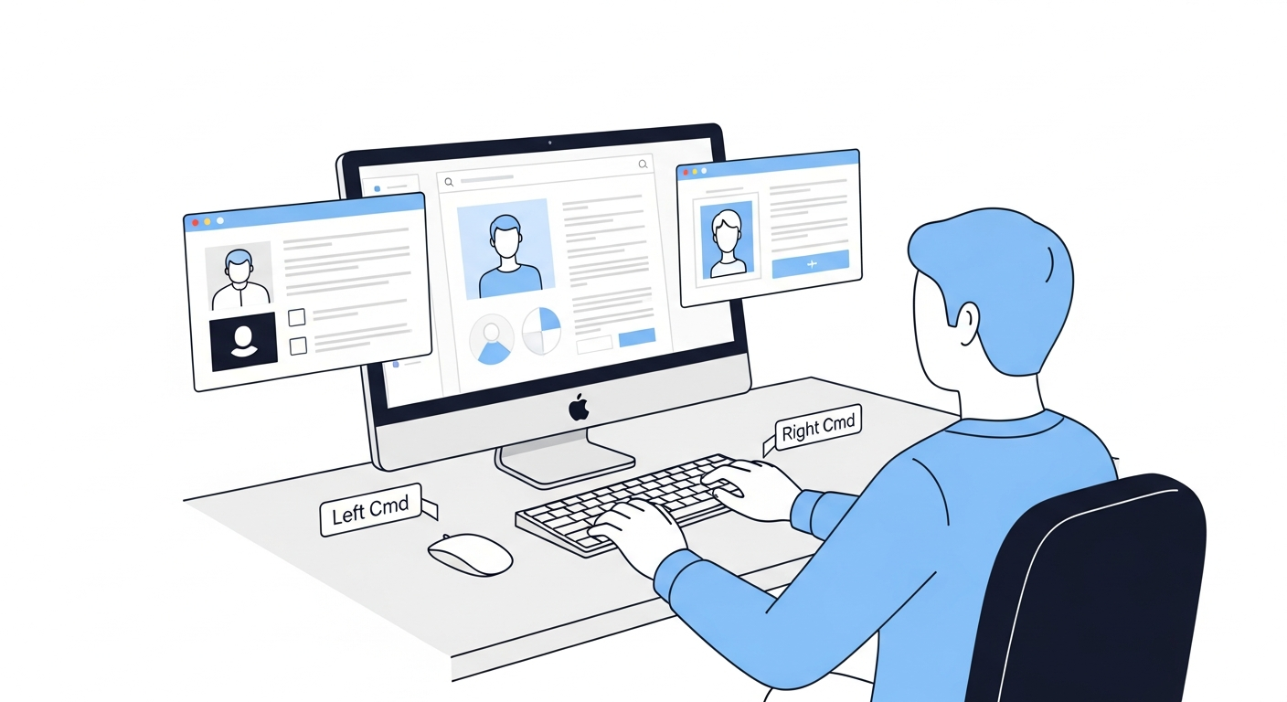Developer using both hands on keyboard with different app windows on each side