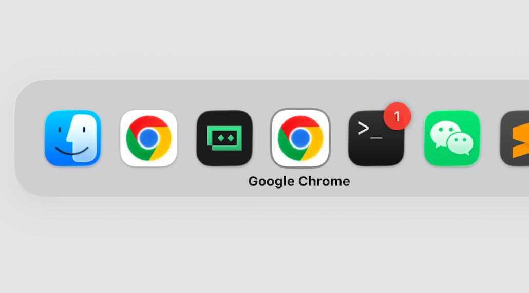 The macOS Cmd+Tab app switcher overlay with Google Chrome selected — the mac equivalent of Alt+Tab