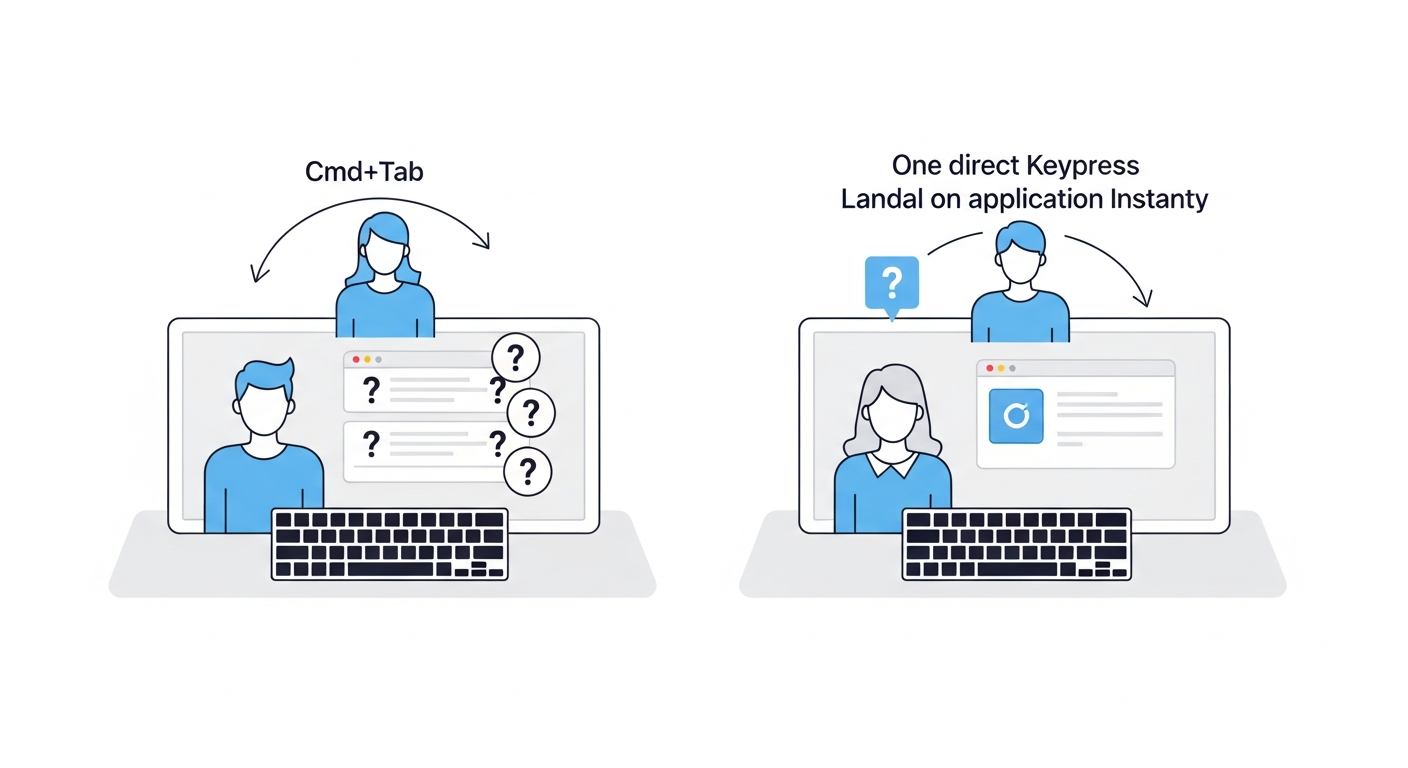 Cmd+Tab cycling confusion on the left vs one direct keypress landing on an app on the right — the mac app switcher paradigm shift