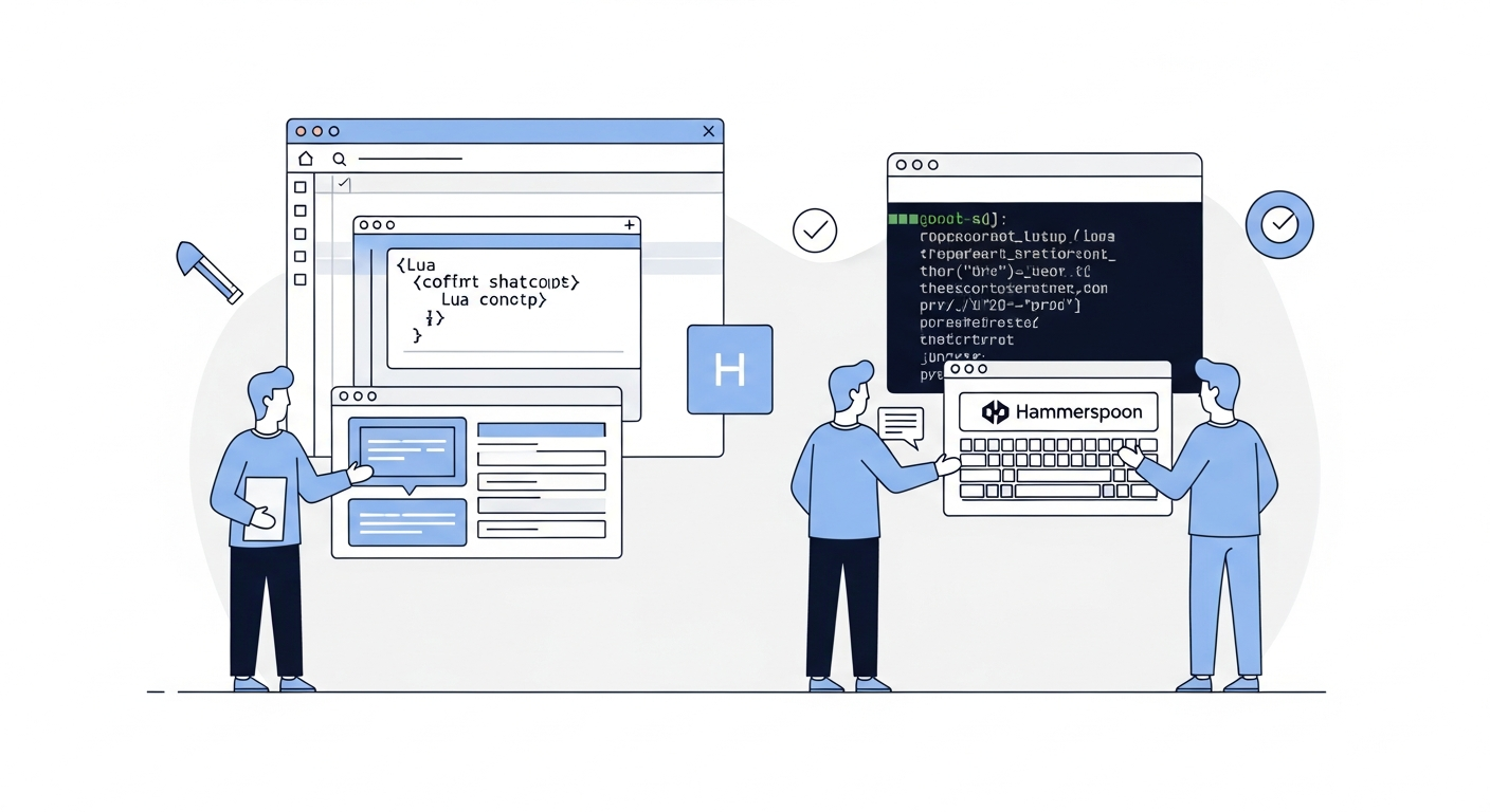Developer configuring Hammerspoon Lua scripts for keyboard-driven app toggling