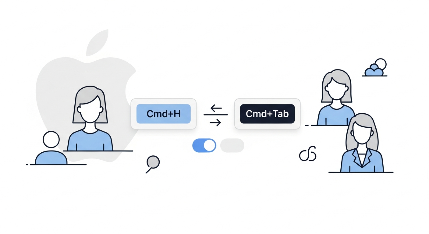 macOS native keyboard shortcuts showing the gap between Cmd+Tab and Cmd+H — no built-in toggle